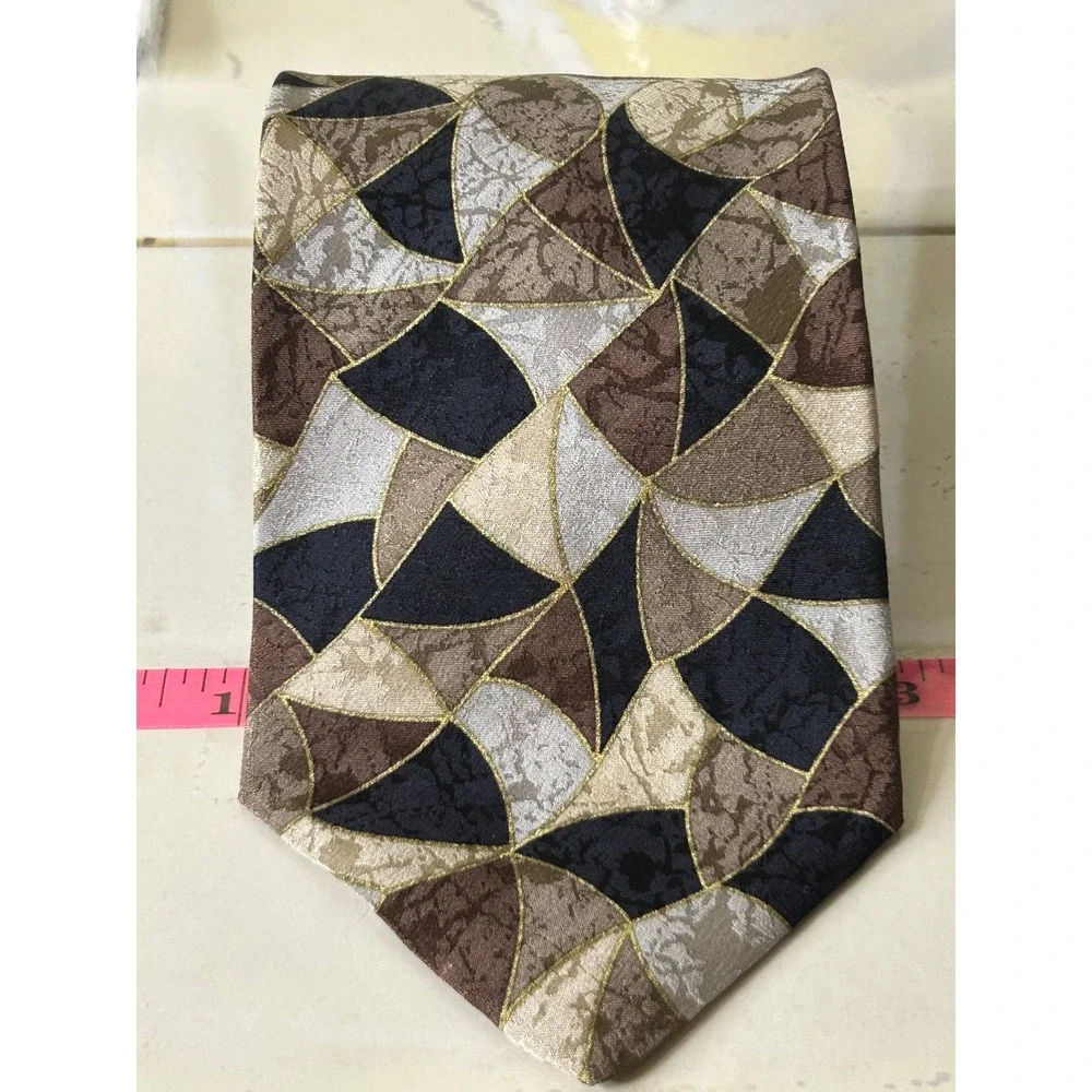 Vintage Mens Silk Tie Geometric Mosaic Abstract Brown Black Silver Gold 4 Inch
